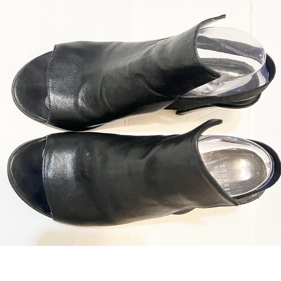 Stuart Weitzman Black Open Peep Toe Leather High Heel Block Bootie Size 9.5 - Picture 3 of 8